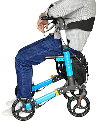 Andador plegable de 4 ruedas de aleación de aluminio para silla de ruedas para ancianos, andador con asiento y bolsa de almacenamiento desmontable, ayuda para caminar liviana - azul