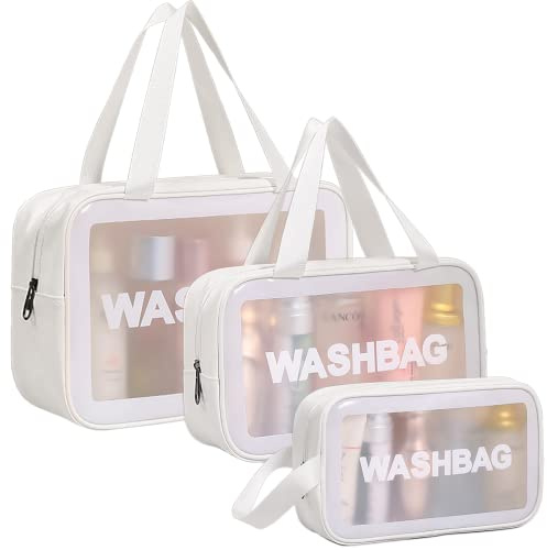 DAPOWER Travel Toiletry Bag for Women and Men, Matte Translucent Shower Bag with Handy Handle, Makeup Cosmetic Organizer Bag for Travel Toiletries Accessories (White)