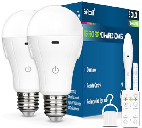 BoRccdit CordlessGlow Battery Operated Light Bulb with Remote，3 Colors + Dimmable + Touch Control Rechargeable Light Bulbs for no-Hardwired Fixture, up to 24 Hours,2Pack