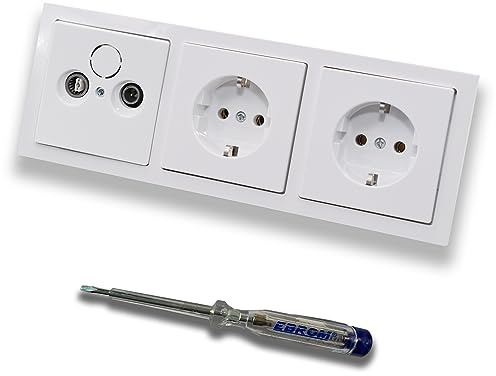 Busch Jäger SET: 2-Loch Durchgangsdose, Frequenz 5-2400 MHz, Radio/TV/SAT-Kompatibilität inkl Future Linear Studioweiß 3fach Rahmen + 2x Steckdose 20EUC-84 + EBROM Phasenprüfer zur Montage der Geräte