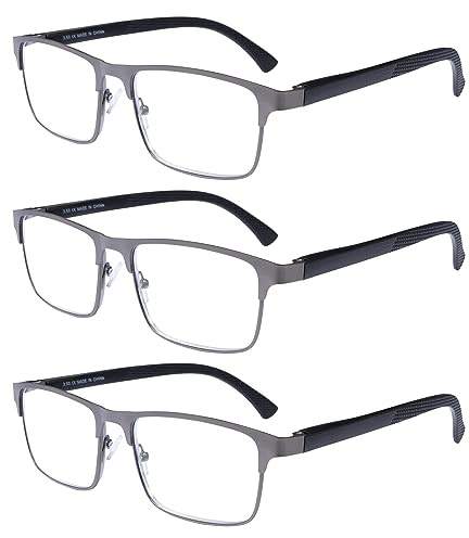 OKH 3er Pack Lesebrille Herren Anti Blaues Licht Rechteckig Federscharniere Lesebrille Metall Computer Anti Glare Lesebrillen 3*Grau +2.5