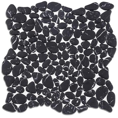 Diflart Kieselsteinfliese für Duschboden, schwarze Marmoradern, 10 Blatt, geschnittener Kieselsteinrückwand für Küche, Badezimmer, Wand und Bodenfliese