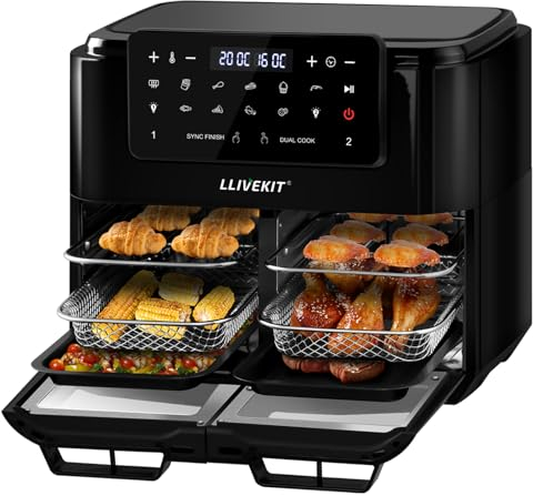 LLIVEKIT 12L Dual Air Fryer Oven, with Removable Divider for 5.5L Dual Cooking, Large Air Fryer Oven for Family, SYNC FINISH & DUAL COOK, 10 Cooking Presets, 9 Accessories, 1 Cookbook, Black