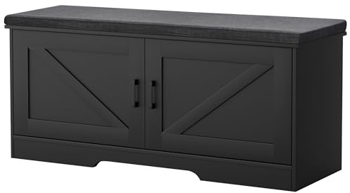 HOMSHO 2-Tier Storage Bench, 39.4 Wide Shoe Bench with Padded Seat Cushion, Entryway Bench with 2 Barn Doors and Adjustable Shelf, Black