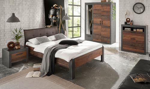 Schlafzimmer komplett in Old Used Wood mit grau Matera Set mit Polsterbett mit Bettschubkasten, Kleiderschrank, Kommode und Nachttisch Set im Shabby Chic Design Ward (Set 2 + Bettschubkasten)