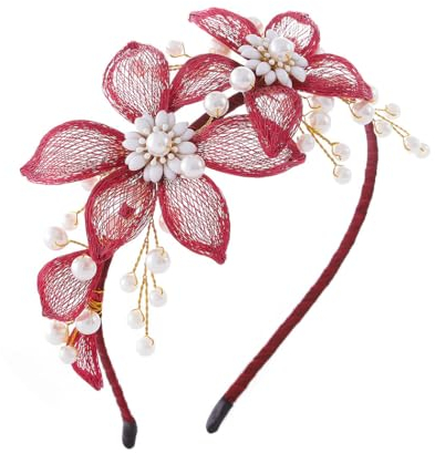 IYOU Blume Hochzeit Stirnband Rot Perle Haarbänder Kupfer Draht Abschlussball Braut Haarschmuck für Frauen