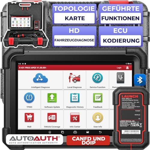 LAUNCH X431 PRO3 APEX OBD2 Appareil de Diagnostic Automobile pour Mécanicien, Codage en Ligne, Carte Topologique,Can FD & DoIP, 55+ Service, Diagnostic Tout Système, Fonctions Guide FCA&Renalt SGW