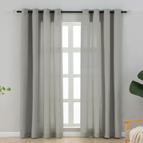 L.Z.E Gardinen Vorhänge Grau, Sichtschutz 70% Lichtdurchlässig Gardine Vorhang für Schlafzimmer Wohnzimmer Privatsphäre, Dünne Baumwolloptik Stores mit Ösen, 225 cm Lang, Einfarbig Hellgrau