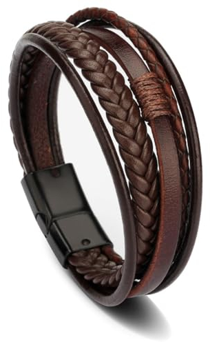 Herren Lederarmband - Breites Geflochten Echtleder Wickelarmband Mit Magnet Verschluss - Braun - Edelstahl - 23cm