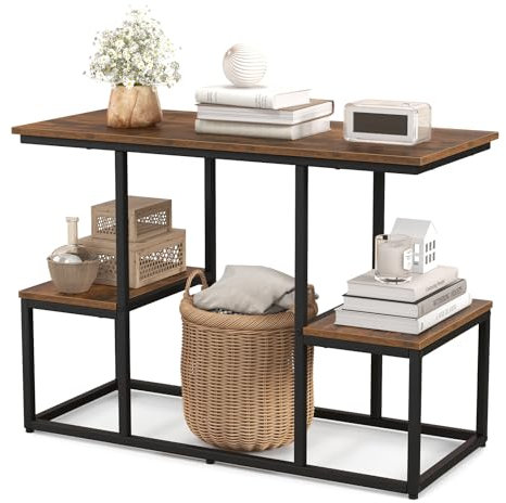 GOPLUS Mesa Consola Salón, 2 estantes laterales, almacenamiento abierto, marco de metal, mueble TV, para salón, dormitorio, entrada, carga 70+20 kg, marrón, rústico, 108 x 40 x 65 cm, color marrón