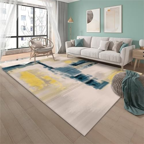 RUGMRZ Large Square Floor Cushions VelvetAuslegware Teppichboden Kinderteppich Wald 200x200CM Teppich bettvorleger BlauGelber, Abstrakter, minimalistischer Design-weicher, gemütlicher