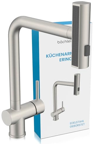 Bächlein Küchenarmatur Erino (Edelstahl gebürstet) – Schwenkbare Einhand-Spültischbatterie mit 3 Strahlarten – Küchen-Wasserhahn mit ausziehbarer und drehbarer Brause und Wasserfall-Funktion