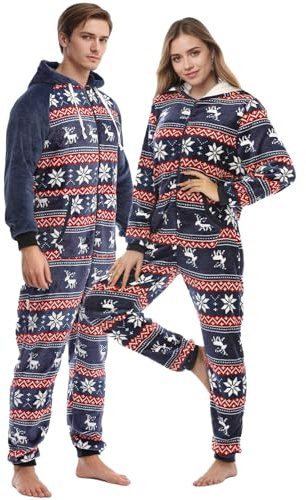 QIYUANT Pyjamas jul familj varm flanell dragkedja i ett stycke höst vinter vår jumpsuit helkläder familj julpyjamas för dam herr barn par, Herr_älg marinblå, L