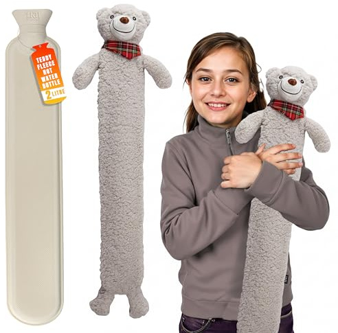 LKH Long Hot Water Bottle with Cover UK - 2L Long Natural Rubber Hot Water Bottle with Removable, Washable Sherpa Cover, Anti-Leak Stopper & Double Ribbed | Perfect for Staying Warm for Hours