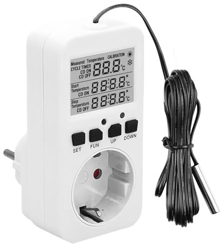 Digitaler Temperaturregler Steckdose 230V mit Fühler, Heizen Kühlen Thermostat Steckdose, Temperaturschalter mit Zeitschaltuhr Alarm für Gewächshaus Aquarium Terrarium Reptilie
