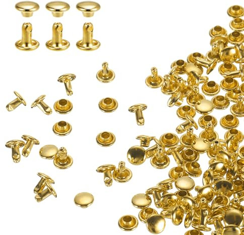 sourcing map 100 Sets Double Cap Leather Rivets, 6x6mm Round Cap Tubular Metal Studs Leather Crafting Rivets for Fabric Belt Pet Collar Boot Bag Repair and Decoration, Gold