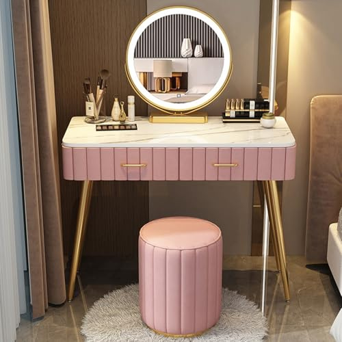 SFJATTA Set di sgabelli da Tavolo per Trucco Moderno Tavolini da Toilette per Camera da Letto per Donne e Ragazze Moderno Postazione Trucco con Sgabello Imbottiti e Cassetti(Light pink,100cm/39.4in)