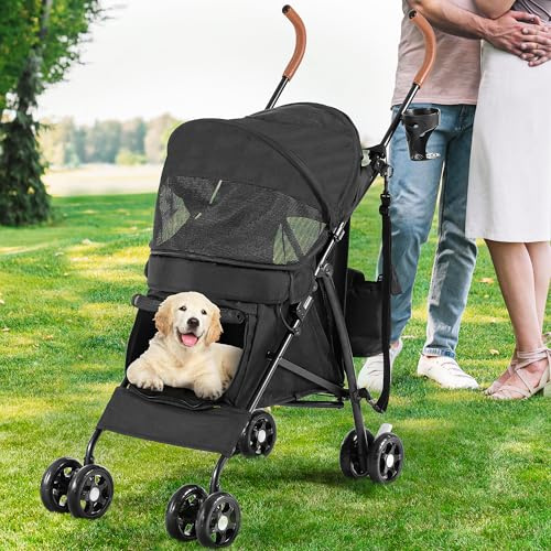 YITAHOME 4-Wheel Dog Pushchair with Shoulder Straps, Pet Stroller for Small to Medium Dogs, Folding Pet Travel Carriage with Cup Holder & Storage Bag (Black)