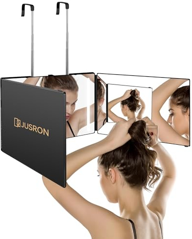 JUSRON 360° Friseurspiegel mit LED,3-teilig klappbar, höhenverstellbar | 3 Spiegel mit LED-Licht für gleichmäßige Ausleuchtung; perfekt zum Haare selbst schneiden, Styling, Rasur und Make-up