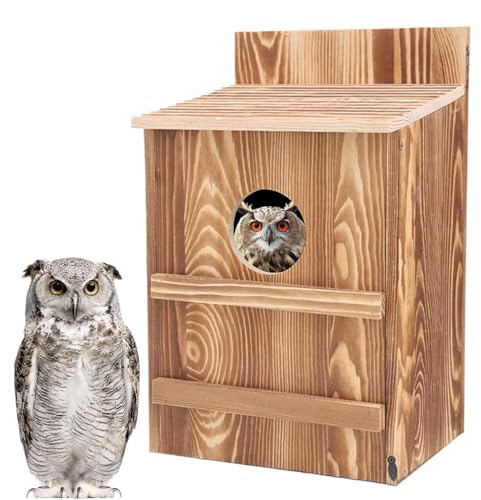 Agrifoglio di gufo - Scatola per uccelli di gufo, apertura rettangolare scatola di nidificazione | scatola di apertura circolare in legno fatta a mano per esterni con viti di montaggio, apertura a