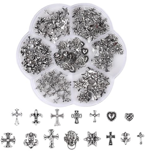 NHQZ 75 Stück Nagel-Charms, Kreuz, silberner Nail-Art-Charm mit Gothic-Retro-Punk-Herzen und Totenköpfen, Maniküre, Nail-Art-Dekorationen, nail charms