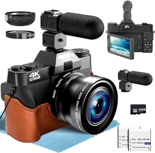 4K Appareil Photo numérique pour Photographie, Objectif Grand Angle et Macro pour，56MP Caméra avec Carte 32Go,Écran 3 '' 180° LCD avec 18X Digital Zoom
