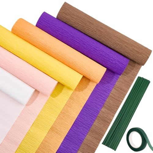 CRASPIRE Crepe Paper Flower DIY Kits Include 6 Rolls 6 Colors 98x9.8in Crepe Paper Sheet 2 Rolls Green Tape 50Pcs Floral Stem Iron Wire for Wedding Party Birthday Festival Decorations Wreath Flowers