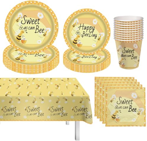 Bee Party Tableware Set, Bee Party Supplies, Plates, Cups, Tissues, Tablecloths,Floral Birthday Party Supplies-10 position
