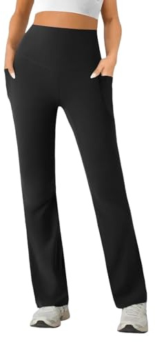 SEAJOJO Womens High Waist Yoga Pants Stretchy Casual Trousers Straight Leg Pull On Side Pockets Black