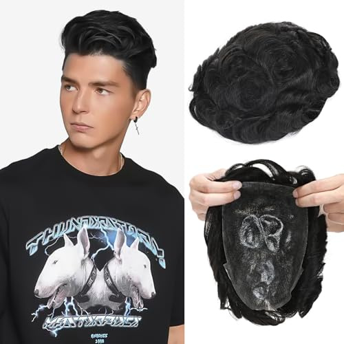 Elailite Toupee For Men PU Base Real Natural Remy Human Hair Curly Hairpiece Replacement System 130% Density - #1B Natural Black - 6 Inch