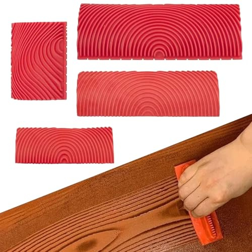 4 Pcs Wood Grain Effect Tool Set, Rubber Wood Graining Roller with Non-Slip Handle, Texture Painting Tools for Wall, Furniture, DIY Decoration on Various Surfaces
