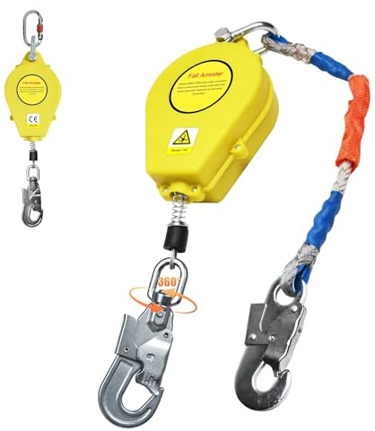 YAOYAOO Stop Chute à Rappel Automatique 10m/15m/20m, Dispositif Anti Chute Retractable avec Crochet Amélioré, Harnais Anti Chute Professionnel Toiture, Capacité de Charge : 150kg(Jaune,10m)