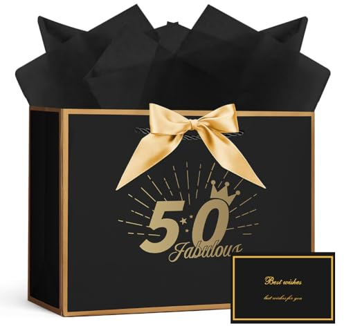 AOOSU Geschenktüte 50 Geburtstag, Papier Geschenktüten mit Schleife+1 Grußkarten+3 Seidenpapier, Schwarz Geschenktaschen Frauen Männer 50th Birthday Gift Bag, Geschenkverpackung für Geschenk Jahrestag