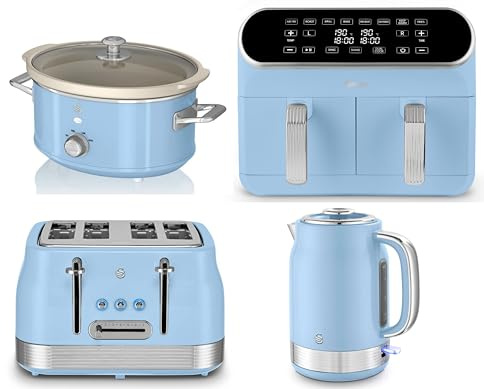 Swan Retro Revive Blue Kitchen Set – 1.7L Kettle, 4-Slice Toaster, Retro 3.5L Slow Cooker & 8L Dual Basket Air Fryer – Vintage Blue Retro Kitchen Appliances with Chrome Accents