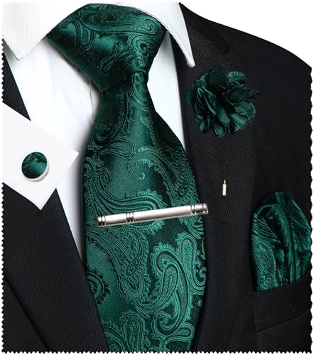 JEMYGINS Paisley Bordado Diseño Corbata Set Hombre Pañuelo de Bolsillo Clip de Corbata, Gemelos Flor para Boda Fiesta Negocios Multicolor