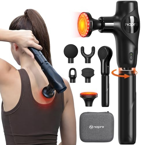 NAPRE 3-in-1 Detachable Massage Gun with Heat and Red Light,Mini Massage Gun Deep Tissue with Extension Handle,Portable Handheld Percussion Muscle Massager for Back/Neck/Body,Small & Quiet,5 Heads