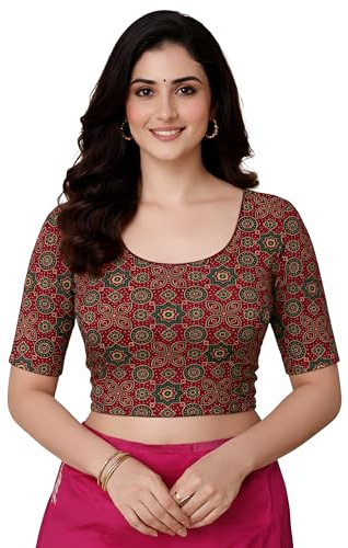 Jaanvi fashion Women's Round Neck Pure Cotton Dobby/Kalamkari Ajrakh Elbow Sleeve Stretchable Readymade Saree Blouse