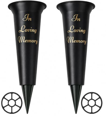 Set di 2 vasi per tomba in Loving Memory con picchetto, in plastica nera, conici, porta fiori commemorativi