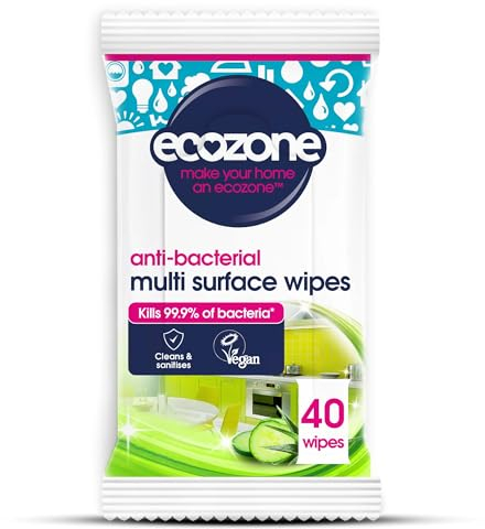 EcoZone Anti-Bacterial Multi-Surface Wipes, Biodegradable Moist Wet Anti Bac Disposable Cleaning Cloths, Sanitising Worktop Natural Vegan Friendly Non Toxic Wipes, Aloe Vera & Cucumber (40 Pack)
