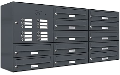 AL Briefkastensysteme 12er Briefkastenanlage mit Klingel Anthrazit Grau RAL 7016, Premium Briefkasten DIN A4, 12 Fach Postkasten modern Aufputz