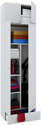 VCM Holz- Besenschrank | 6 Fächer | Maße: B. 70 x H. 237 x T. 40 cm | Haushaltsschrank | Mehrzweckschrank | Aufsatz mit 2 Türen | Extra Schublade - Vandol Weiß