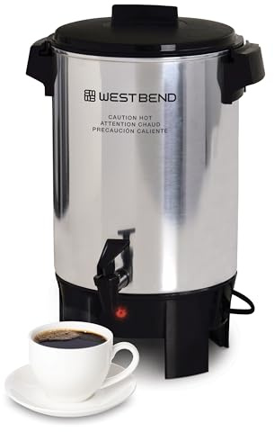 West Bend Coffee Urn Highly-Polished Aluminum Features Automatic Temperature Control with Cup Per Minute Brewing and Easy Clean Up Includes In-Basket Measuring Guide and Ready Light, 30-Cup, Silver