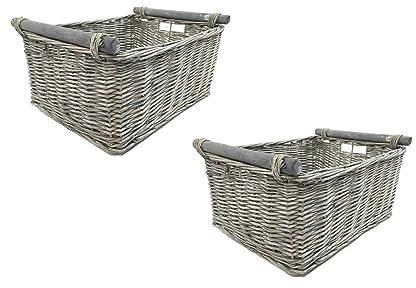 Topfurnishing Kitchen Log Wicker Storage Basket With Handles Xmas Empty Hamper Basket (Set of 2 Medium, GREY) 38 X 30 X 18 cm