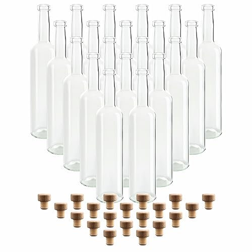 gouveo Lot de 20 bouteilles en verre 500 ml Bordeaux transparentes avec bouchons (HGK) - Bouteille vide 0,5 l à remplir - Bouteille en verre pour liqueur, huile, vinaigre (FBR500HGK)