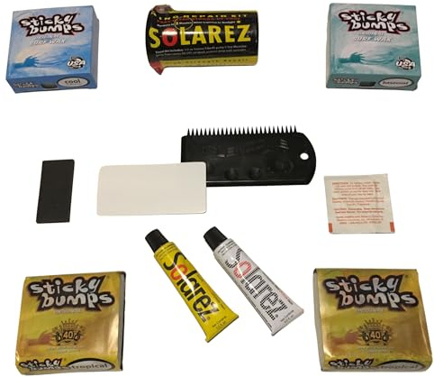 Sticky Bumps Wax plus Solarez UV Cure Resin Ding Repair Kit plus 2 Bars of Tropical, 1 Base Coat, 1 Cool and a Flexcomb to Clean your Board
