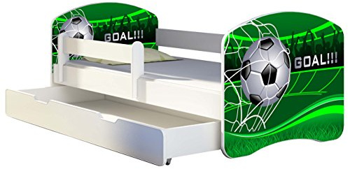ACMA Kinderbett 160x80 Jugendbett mit Einer Schublade und Matratze, Rausfallschutz, Lattenrost Weiß, stabil, Kinderzimmer Bett, Jugendmöbel Design 14 Goal !!!