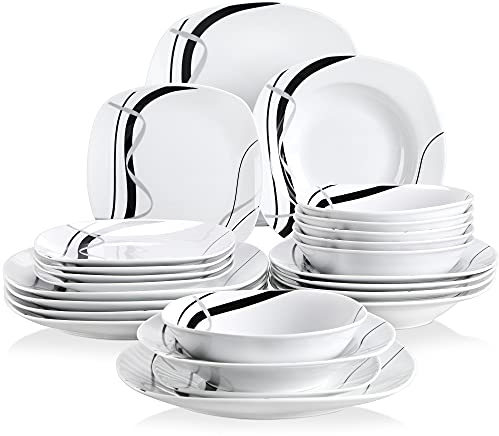 VEWEET 'Fiona' 24-Piece Dinner Set Ivory White Black Lines Combination Sets Porcelain Tableware Set of Bowls/Dessert Plates/Soup Plates/Dinner Plates, Service for 6, Dishwasher & Microwave Safe