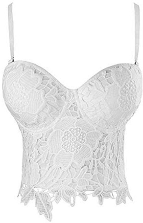 Woboren Mujer Corsé Bustier de Overbust Cierre con Cordones Sujetador de Encaje Bra Pechugón (Blanco, XS)