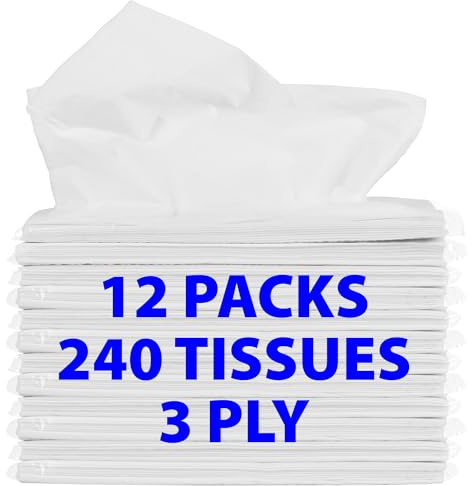 Funwares Weiße Gesichtstücherpackungen, chlorfrei, 12 Packungen, 240 Taschentücher, 3-lagige Blätter, 20 Blatt pro Packung, Auto, Reisen, Schule, Arbeit