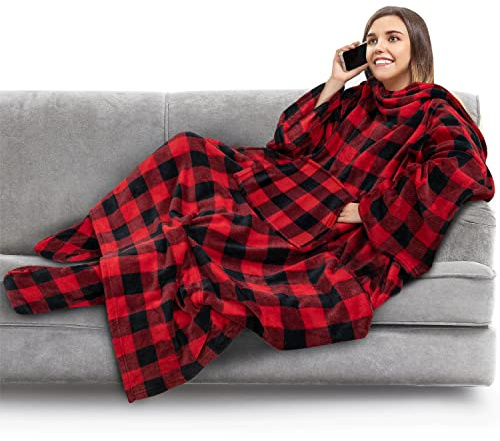 Pavilia Sherpadecke mit Ärmeln, Fußtaschen für Damen, Herren, tragbare dicke Decke, Überwurf, warme Kuschelfleecedecke, Bademantel, gemütliche Geschenkideen, Ehefrau, Mutter, kariertes Rot